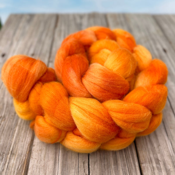 Orange Targhee Wool Combed Top, hand dyed luxury spinning fiber, non super wash wool
