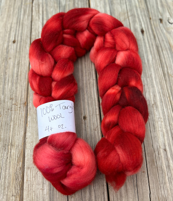 Red Targhee Wool Combed Top, hand dyed luxury spinning fiber, non super wash wool