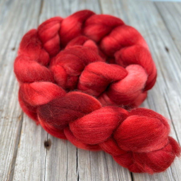 Red Targhee Wool Combed Top, hand dyed luxury spinning fiber, non super wash wool