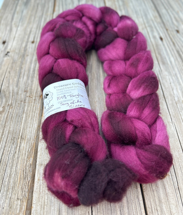 Burgundy Wine Targhee Wool Combed Top, hand dyed luxury spinning fiber, non super wash wool