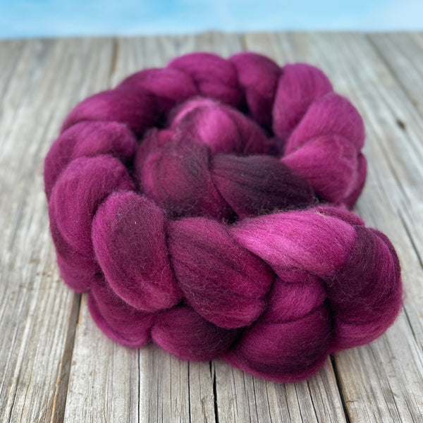 Burgundy Wine Targhee Wool Combed Top, hand dyed luxury spinning fiber, non super wash wool