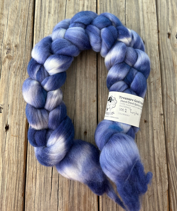 Blue and Cream Targhee Wool Combed Top, hand dyed luxury spinning fiber, non super wash wool