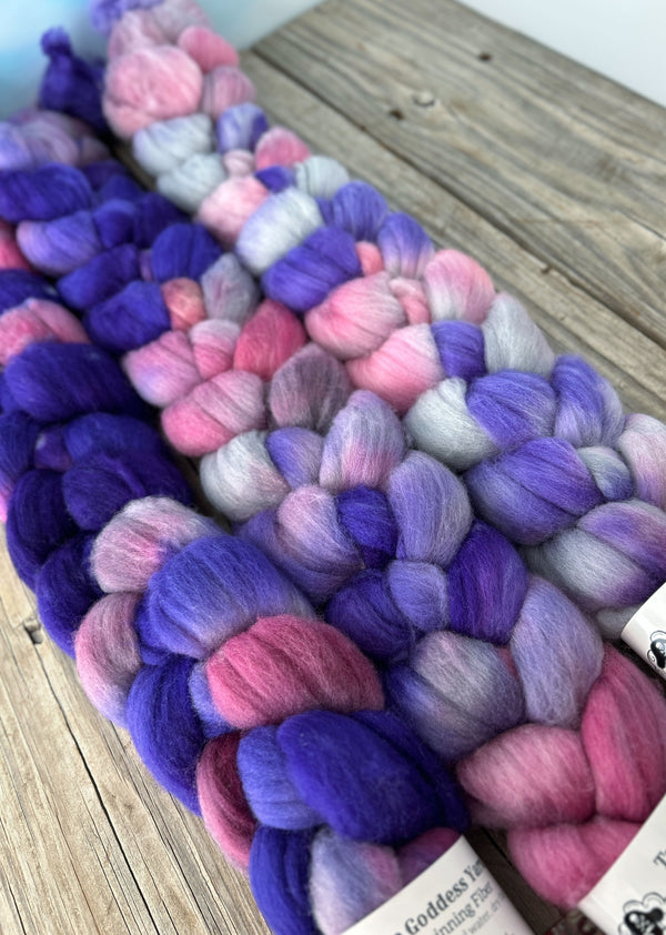 Pink Purple Gray Targhee Wool Combed Top, hand dyed luxury spinning fiber, non super wash wool