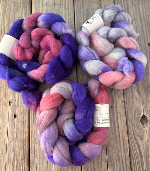 Pink Purple Gray Targhee Wool Combed Top, hand dyed luxury spinning fiber, non super wash wool