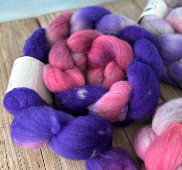 Pink Purple Gray Targhee Wool Combed Top, hand dyed luxury spinning fiber, non super wash wool