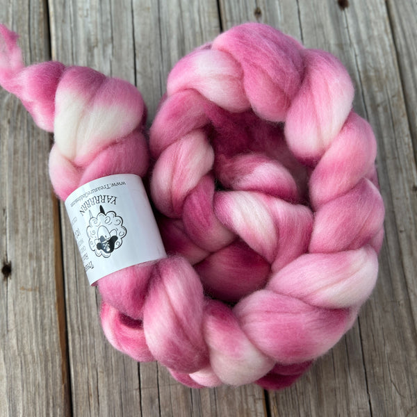 Pink Targhee Wool Combed Top, hand dyed luxury spinning fiber, non super wash wool