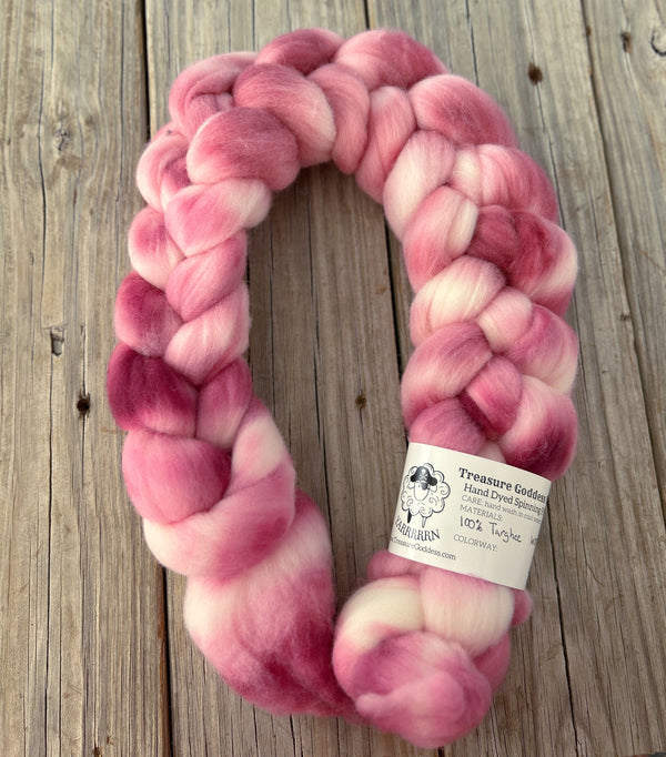 Pink Targhee Wool Combed Top, hand dyed luxury spinning fiber, non super wash wool