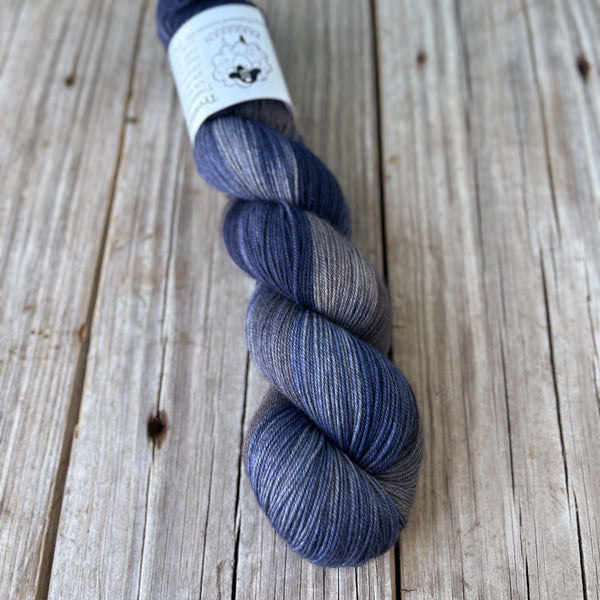 Stormy Skies, blue gray navy hand dyed sock yarn, Treasured Yak Toes Sock Yarn, OOAK