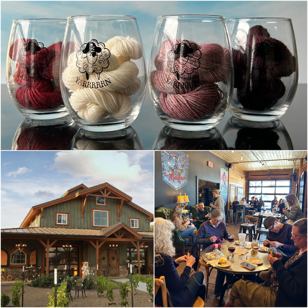 wine glasses filled with yarn above picture of winery barn and group of women knitting