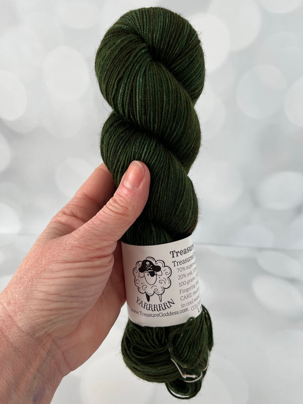 Land Ho! Treasured Yak Toes Sock Yarn, forest green yarn