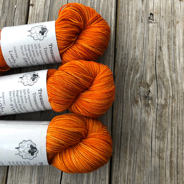 Hand Dyed Sock Yarn, Orange, Lusty Wench, Treasured Toes Sock Yarn