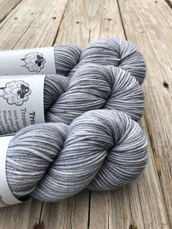 silver gray Hand Dyed Worsted Weight Yarn, Pieces of Eight, Treasured Warmth